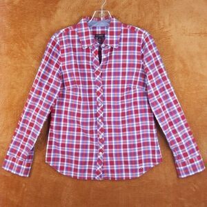 TALBOTS Womens Top Size 4 Red Plaid Button Up Shirt Cotton Tartan Plaid Logo